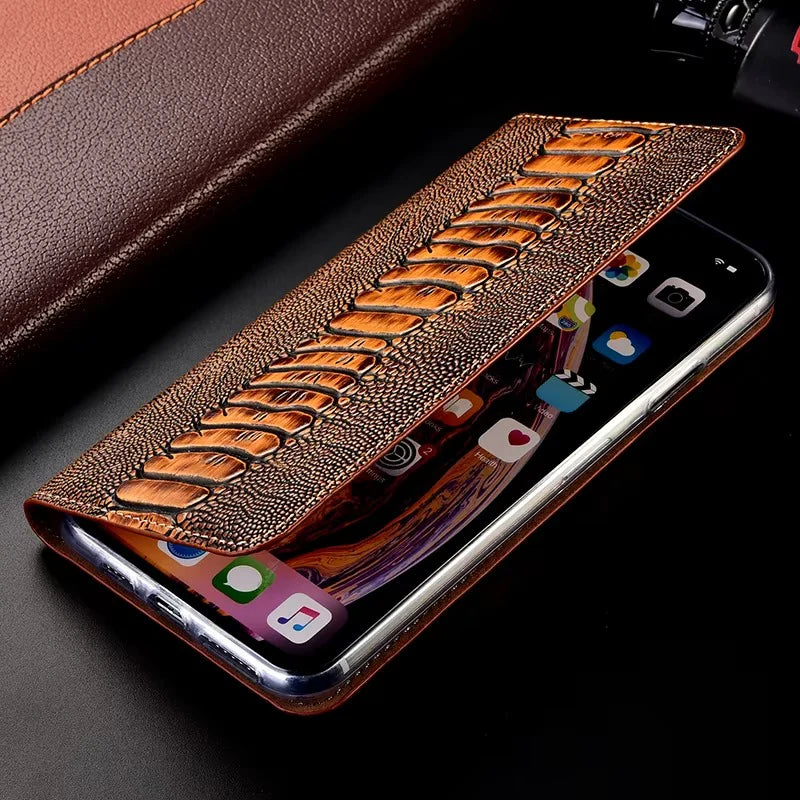Luxury iPhone Case — Ostrich Foot Genuine Leather Cover, Magnetic Wallet with Card Pocket, Kickstand Function, Water-Resistant Design