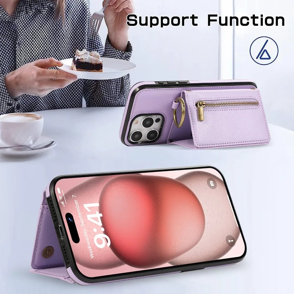 Luxury iPhone Case — PU Leather Crossbody Zipper Wallet Cover with Ring Holder, Card Slot Storage and Anti-Fingerprint Shockproof Protection