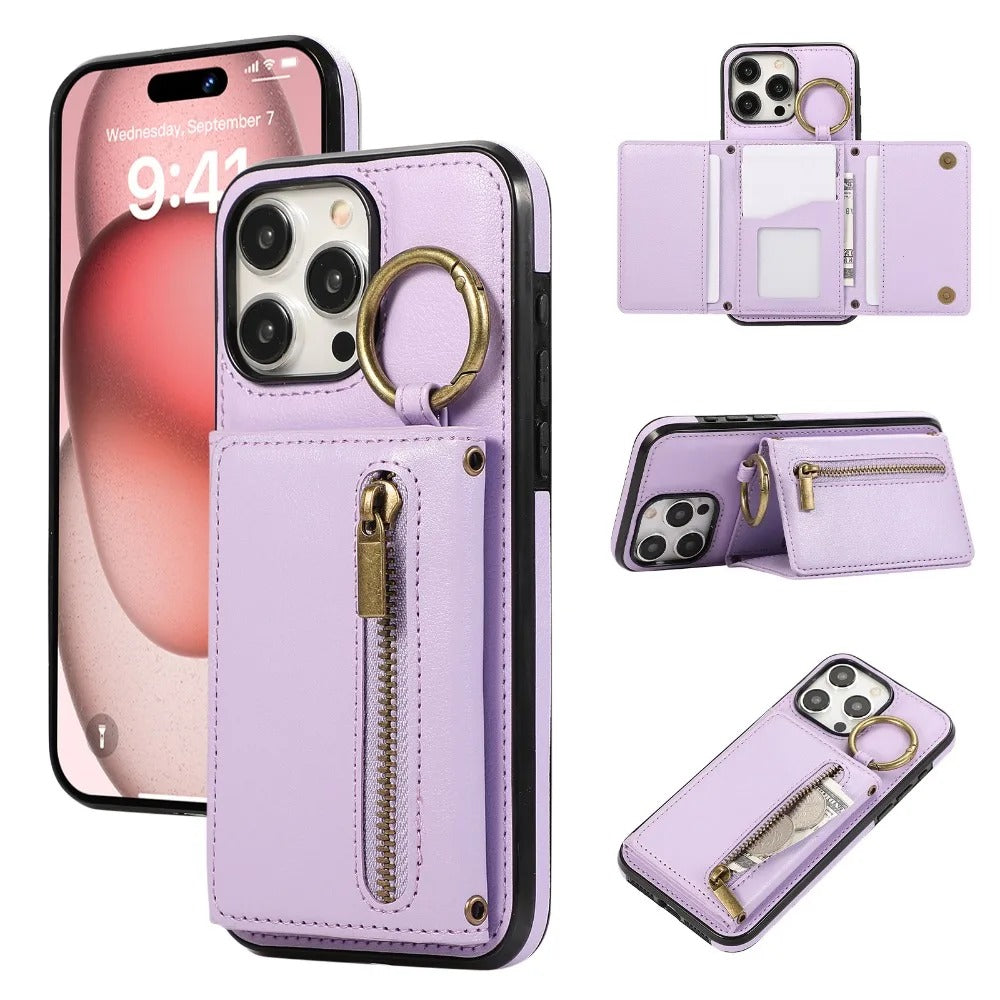 Luxury iPhone Case — PU Leather Crossbody Zipper Wallet Cover with Ring Holder, Card Slot Storage and Anti-Fingerprint Shockproof Protection