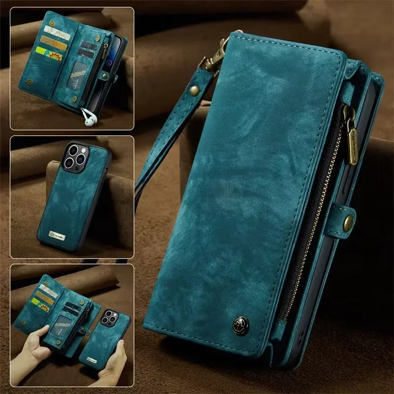 Luxury iPhone Case — Removable Magnetic Wallet Cover with Metal Zipper, 8-Slot Card Purse, Anti-Fingerprint Leather Design and Lanyard Strap
