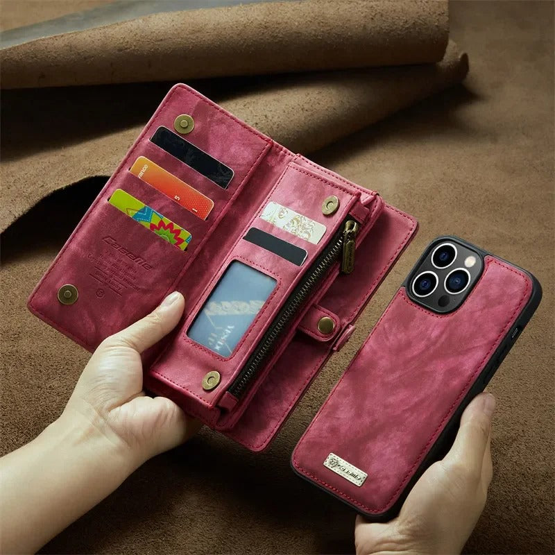 Luxury iPhone Case — Removable Magnetic Wallet Cover with Metal Zipper, 8-Slot Card Purse, Anti-Fingerprint Leather Design and Lanyard Strap