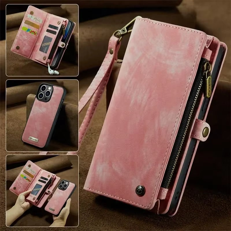 Luxury iPhone Case — Removable Magnetic Wallet Cover with Metal Zipper, 8-Slot Card Purse, Anti-Fingerprint Leather Design and Lanyard Strap