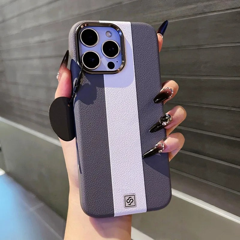 Luxury iPhone Case — Splicing Leather MagSafe Magnetic Cover with Shockproof Hard Design, Kickstand Holder and Matte Anti-Fingerprint Finish