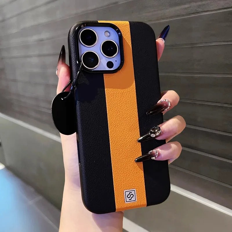 Luxury iPhone Case — Splicing Leather MagSafe Magnetic Cover with Shockproof Hard Design, Kickstand Holder and Matte Anti-Fingerprint Finish