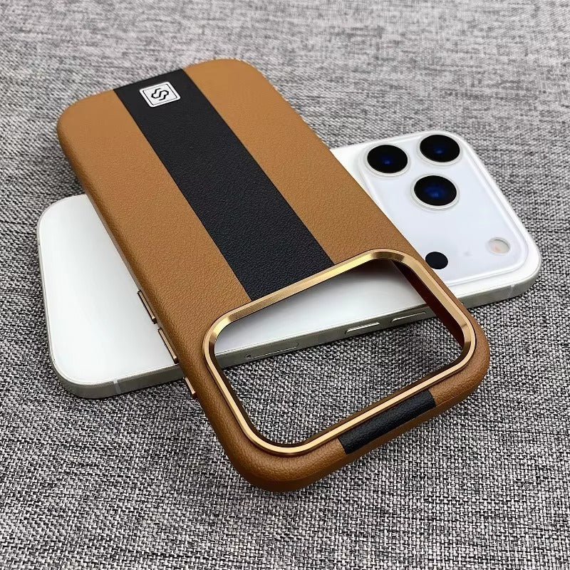 Luxury iPhone Case — Splicing Leather MagSafe Magnetic Cover with Shockproof Hard Design, Kickstand Holder and Matte Anti-Fingerprint Finish