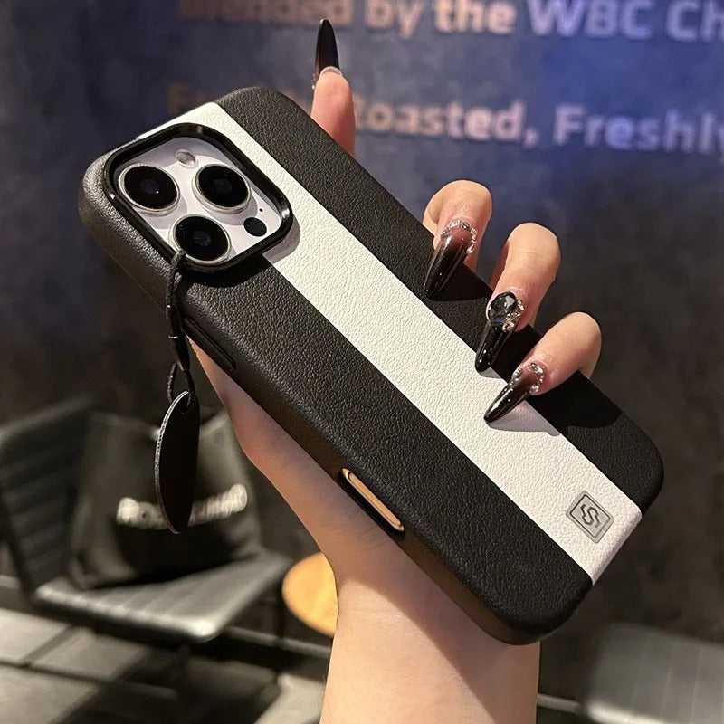 Luxury iPhone Case — Splicing Leather MagSafe Magnetic Cover with Shockproof Hard Design, Kickstand Holder and Matte Anti-Fingerprint Finish