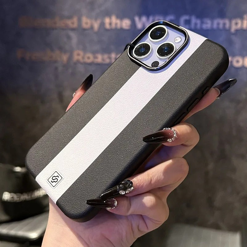 Luxury iPhone Case — Splicing Leather MagSafe Magnetic Cover with Shockproof Hard Design, Kickstand Holder and Matte Anti-Fingerprint Finish