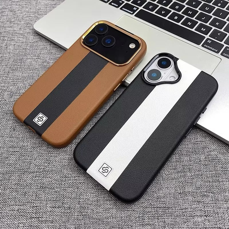 Luxury iPhone Case — Splicing Leather MagSafe Magnetic Cover with Shockproof Hard Design, Kickstand Holder and Matte Anti-Fingerprint Finish