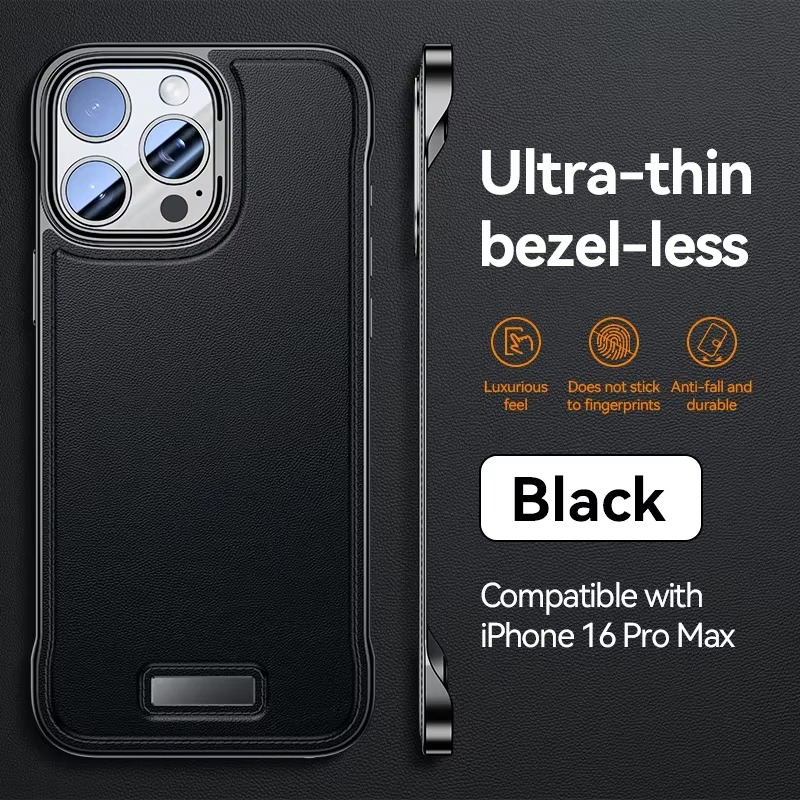 Luxury iPhone Case — Ultra-Thin Borderless PU Leather Cover with Metal Lens Frame, Magnetic Slim Shockproof Design & Non-Slip Matte Finish