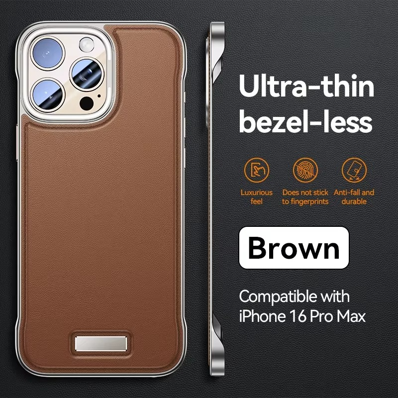 Luxury iPhone Case — Ultra-Thin Borderless PU Leather Cover with Metal Lens Frame, Magnetic Slim Shockproof Design & Non-Slip Matte Finish