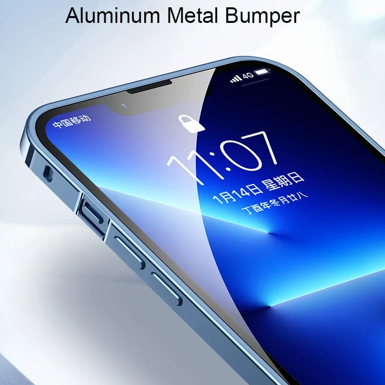 Luxury iPhone Case — Ultra-Thin, Shockproof, Non-Slip, Dirt-Resistant Matte Transparent Cover with Aluminum Metal Bumper, PC Acrylic Back and Camera Lens Protector