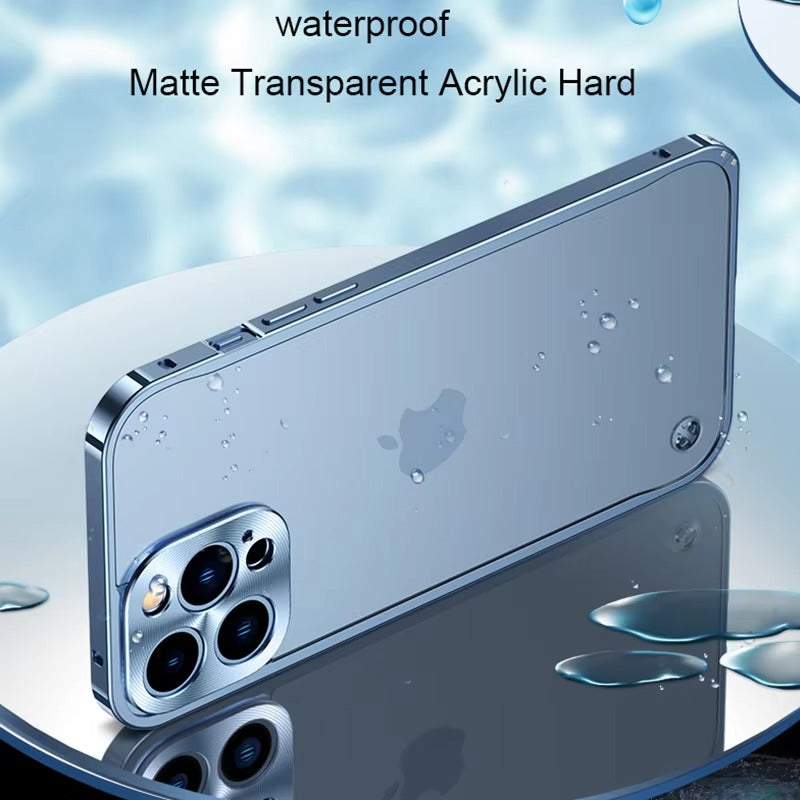 Luxury iPhone Case — Ultra-Thin, Shockproof, Non-Slip, Dirt-Resistant Matte Transparent Cover with Aluminum Metal Bumper, PC Acrylic Back and Camera Lens Protector