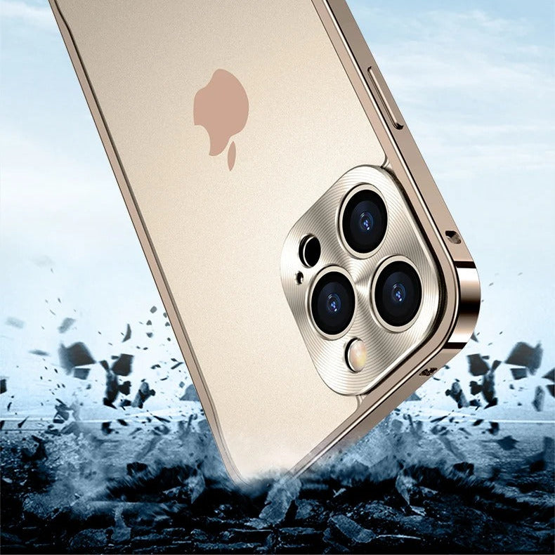Luxury iPhone Case — Ultra-Thin, Shockproof, Non-Slip, Dirt-Resistant Matte Transparent Cover with Aluminum Metal Bumper, PC Acrylic Back and Camera Lens Protector