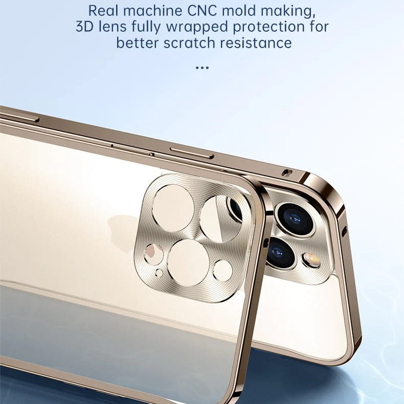 Luxury iPhone Case — Ultra-Thin, Shockproof, Non-Slip, Dirt-Resistant Matte Transparent Cover with Aluminum Metal Bumper, PC Acrylic Back and Camera Lens Protector