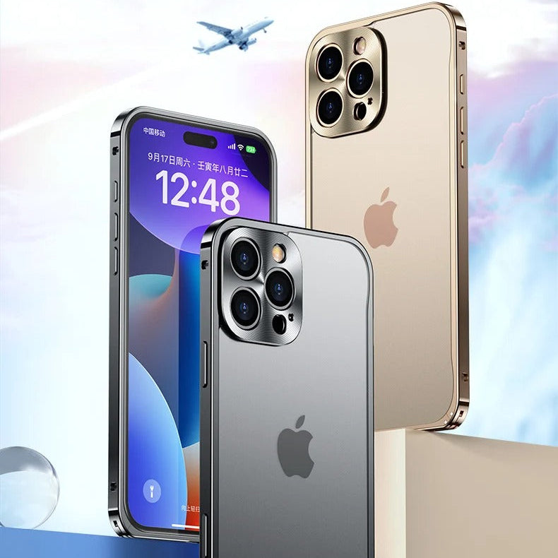 Luxury iPhone Case — Ultra-Thin, Shockproof, Non-Slip, Dirt-Resistant Matte Transparent Cover with Aluminum Metal Bumper, PC Acrylic Back and Camera Lens Protector