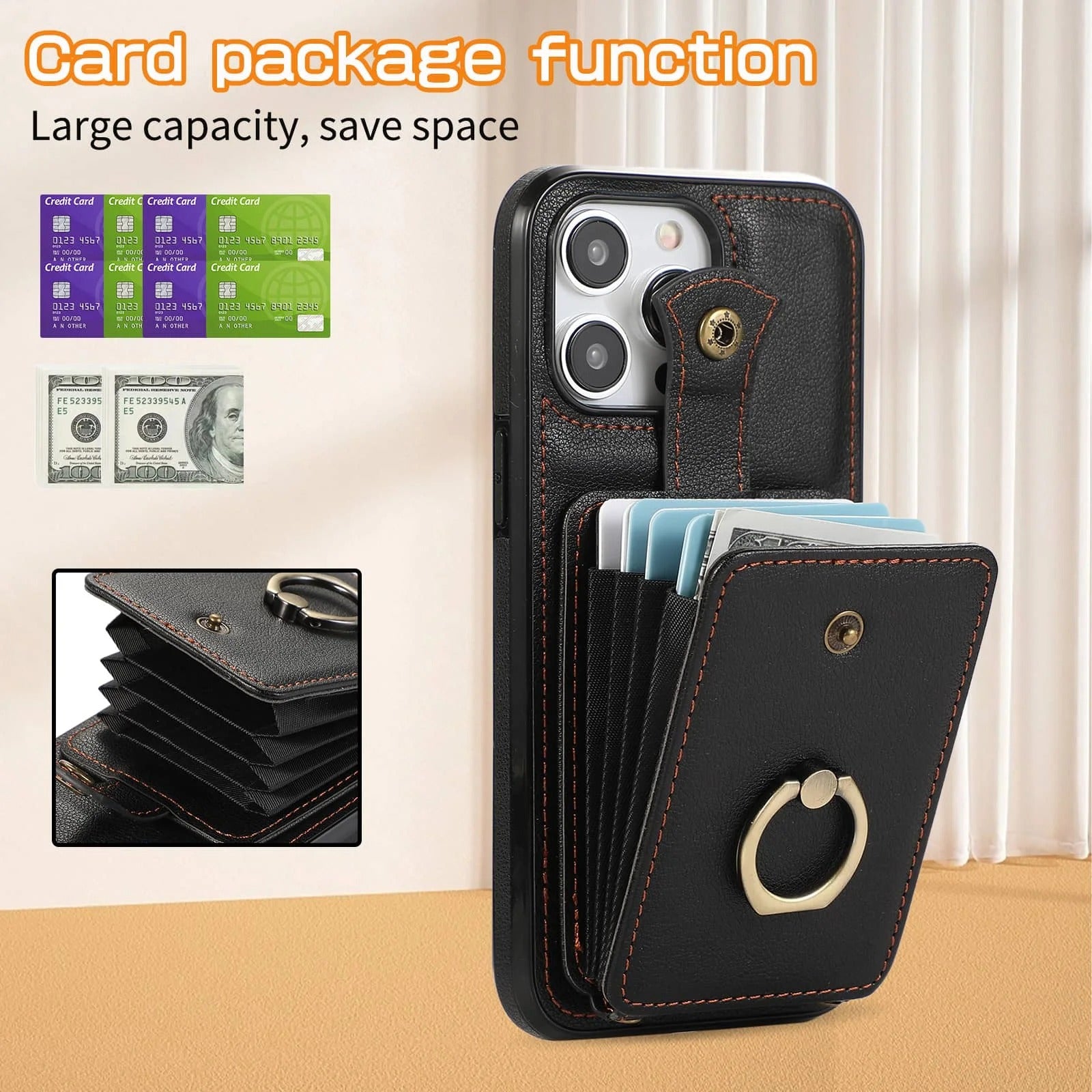 Luxury iPhone Case — Wallet Cover with Card Holder, 360° Rotating Finger Ring Kickstand, RFID-Blocking PU Leather Full-Protection Design for iPhone 17 Pro Max and Air