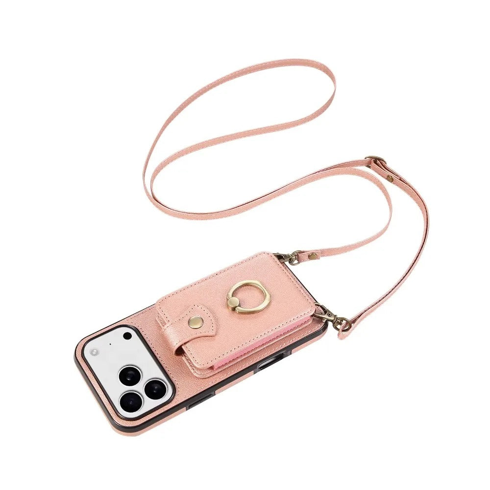 Luxury iPhone Case — Wallet Cover with Card Holder, 360° Rotating Finger Ring Kickstand, RFID-Blocking PU Leather Full-Protection Design for iPhone 17 Pro Max and Air