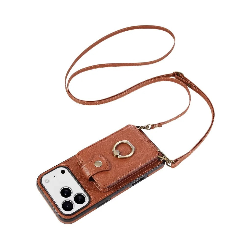Luxury iPhone Case — Wallet Cover with Card Holder, 360° Rotating Finger Ring Kickstand, RFID-Blocking PU Leather Full-Protection Design for iPhone 17 Pro Max and Air