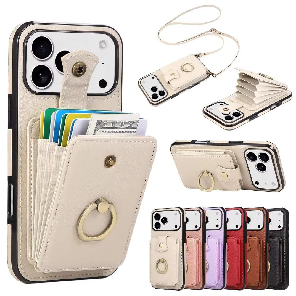 Luxury iPhone Case — Wallet Cover with Card Holder, 360° Rotating Finger Ring Kickstand, RFID-Blocking PU Leather Full-Protection Design for iPhone 17 Pro Max and Air