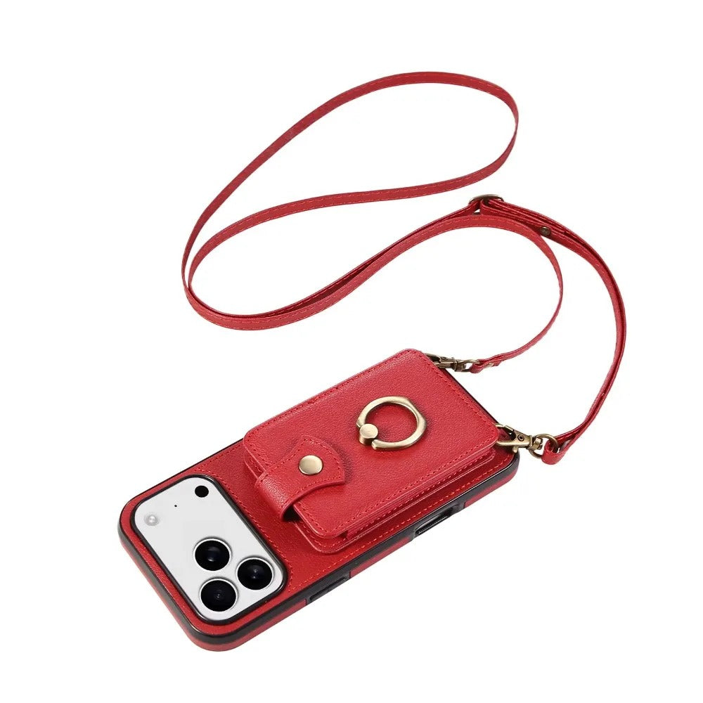 Luxury iPhone Case — Wallet Cover with Card Holder, 360° Rotating Finger Ring Kickstand, RFID-Blocking PU Leather Full-Protection Design for iPhone 17 Pro Max and Air