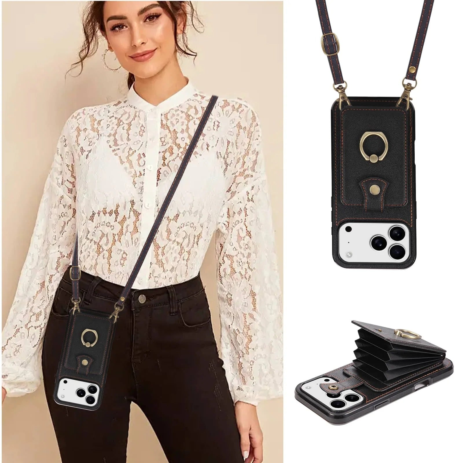 Luxury iPhone Case — Wallet Cover with Card Holder, 360° Rotating Finger Ring Kickstand, RFID-Blocking PU Leather Full-Protection Design for iPhone 17 Pro Max and Air