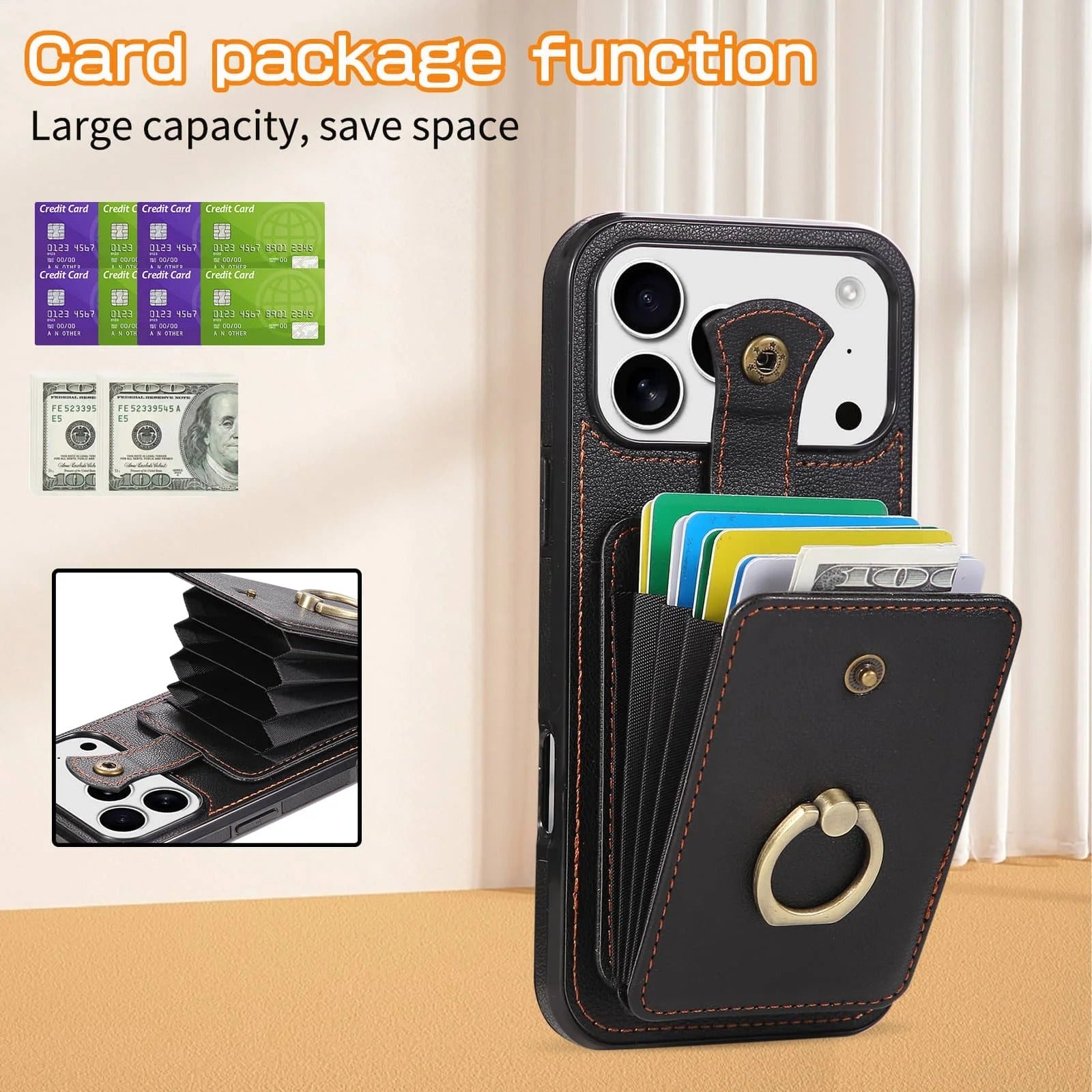 Luxury iPhone Case — Wallet Cover with Card Holder, 360° Rotating Finger Ring Kickstand, RFID-Blocking PU Leather Full-Protection Design for iPhone 17 Pro Max and Air