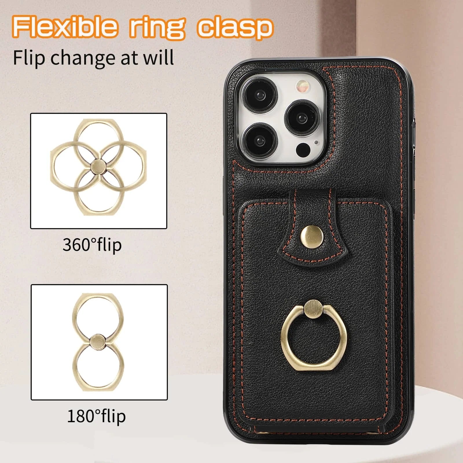 Luxury iPhone Case — Wallet Cover with Card Holder, 360° Rotating Finger Ring Kickstand, RFID-Blocking PU Leather Full-Protection Design for iPhone 17 Pro Max and Air