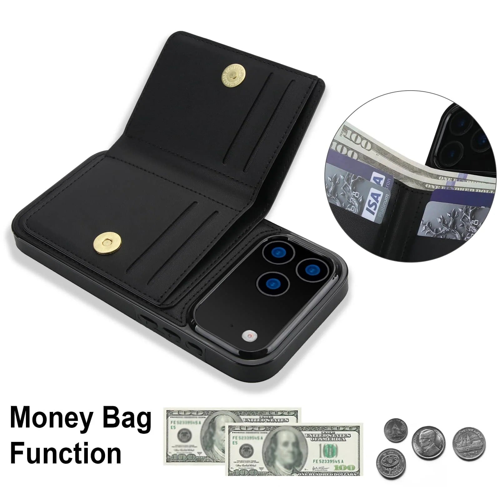 Luxury iPhone Case — Wallet Cover with Card Holder, 360° Rotating Ring Kickstand, Magnetic Clasp & Shockproof PU Leather Full-Coverage Design for iPhone 17 Pro Max and Air