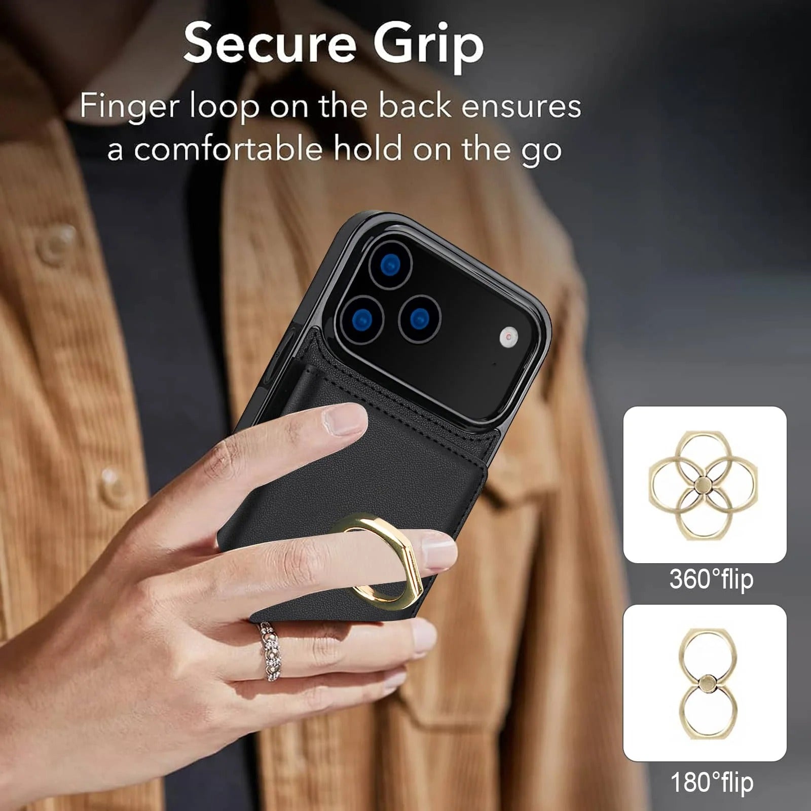 Luxury iPhone Case — Wallet Cover with Card Holder, 360° Rotating Ring Kickstand, Magnetic Clasp & Shockproof PU Leather Full-Coverage Design for iPhone 17 Pro Max and Air
