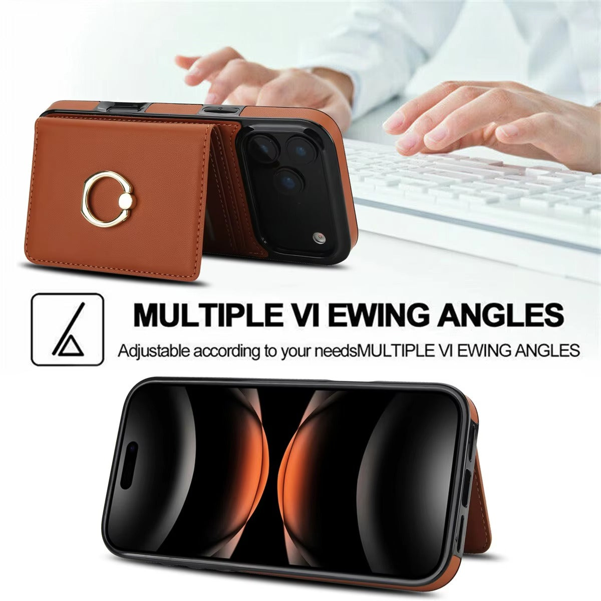 Luxury iPhone Case — Wallet Cover with Card Holder, 360° Rotating Ring Kickstand, Magnetic Clasp & Shockproof PU Leather Full-Coverage Design for iPhone 17 Pro Max and Air