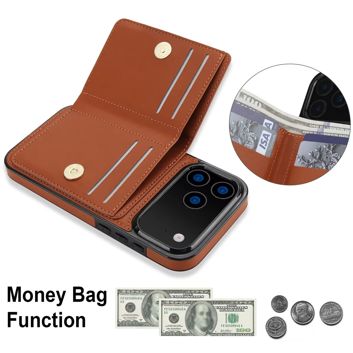Luxury iPhone Case — Wallet Cover with Card Holder, 360° Rotating Ring Kickstand, Magnetic Clasp & Shockproof PU Leather Full-Coverage Design for iPhone 17 Pro Max and Air