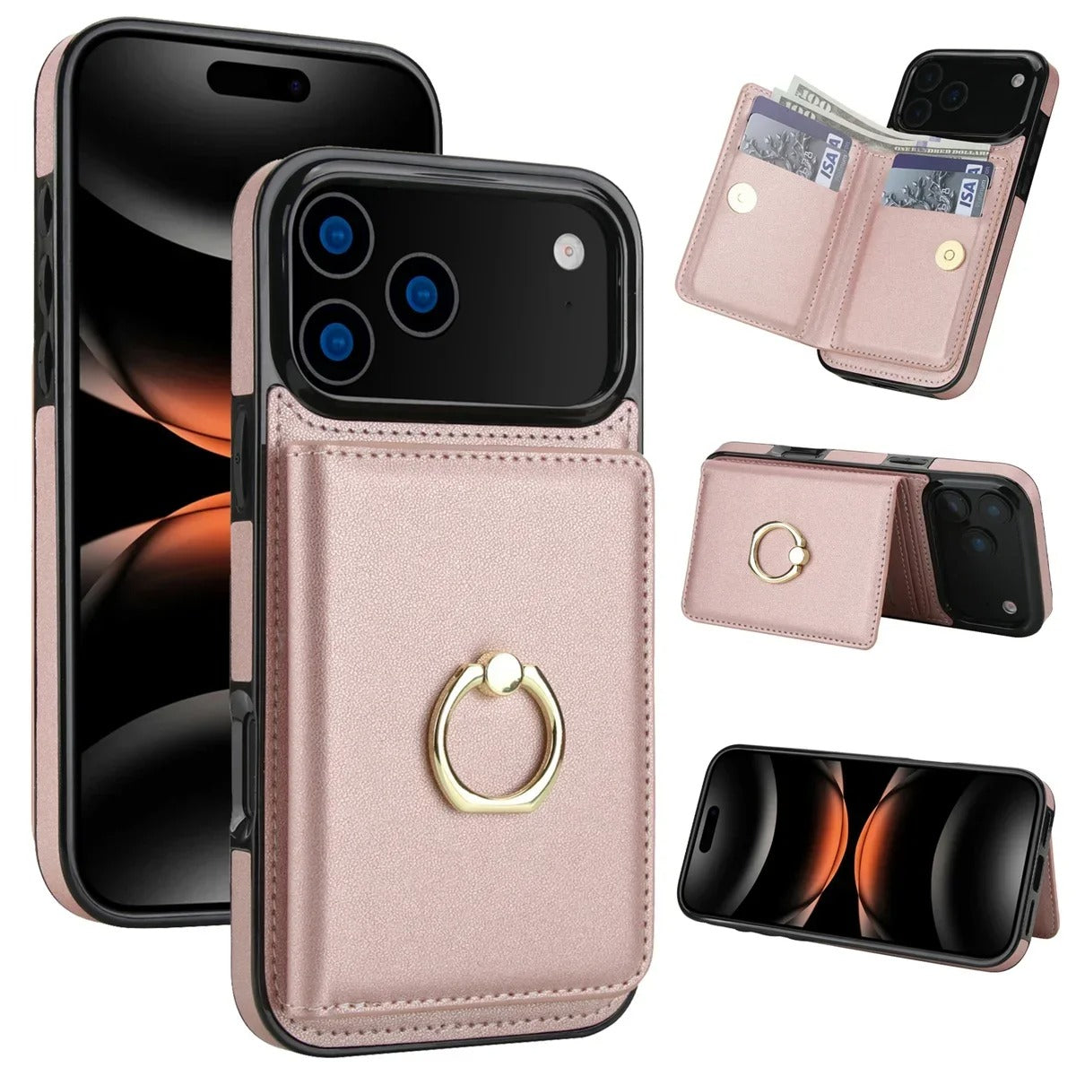 Luxury iPhone Case — Wallet Cover with Card Holder, 360° Rotating Ring Kickstand, Magnetic Clasp & Shockproof PU Leather Full-Coverage Design for iPhone 17 Pro Max and Air