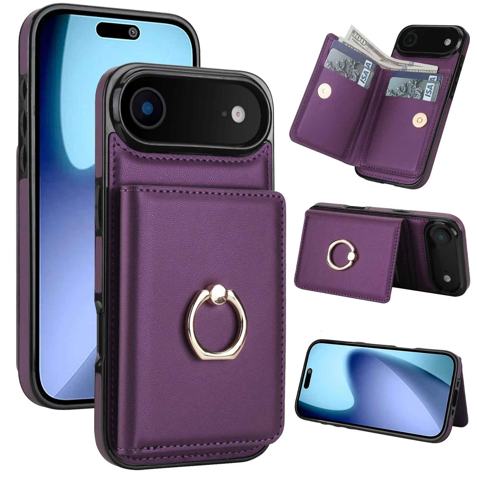 Luxury iPhone Case — Wallet Cover with Card Holder, 360° Rotating Ring Kickstand, Magnetic Clasp & Shockproof PU Leather Full-Coverage Design for iPhone 17 Pro Max and Air