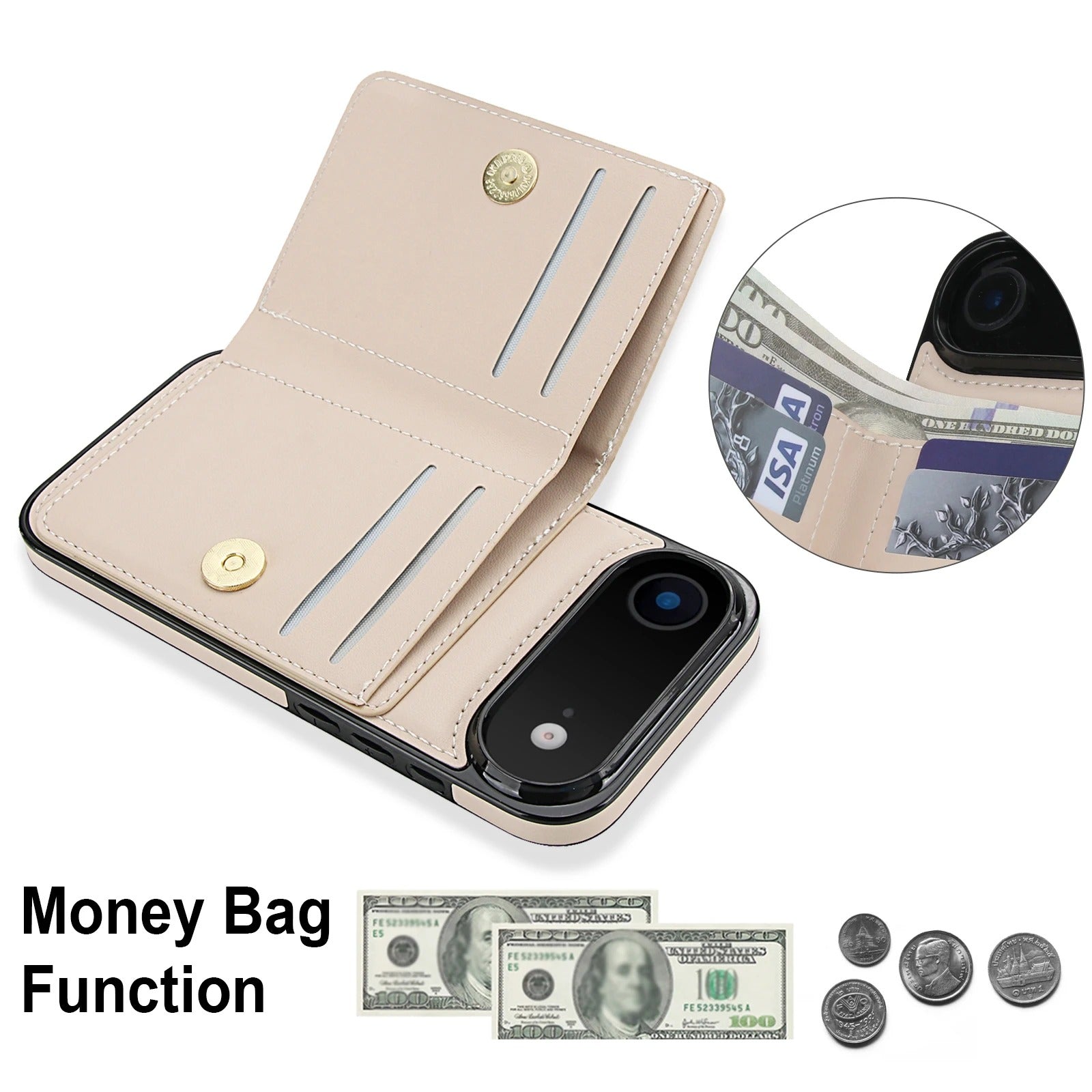 Luxury iPhone Case — Wallet Cover with Card Holder, 360° Rotating Ring Kickstand, Magnetic Clasp & Shockproof PU Leather Full-Coverage Design for iPhone 17 Pro Max and Air