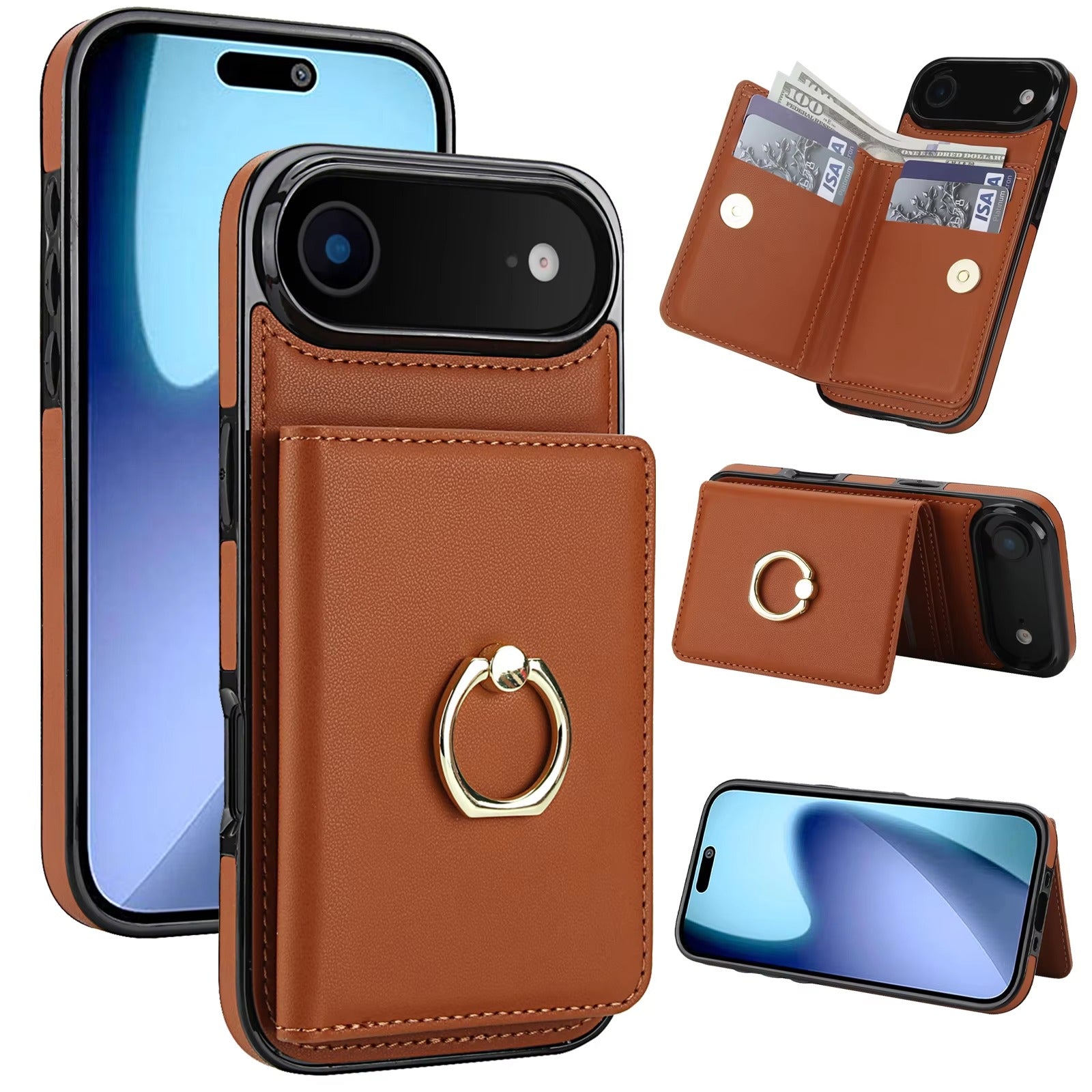 Luxury iPhone Case — Wallet Cover with Card Holder, 360° Rotating Ring Kickstand, Magnetic Clasp & Shockproof PU Leather Full-Coverage Design for iPhone 17 Pro Max and Air