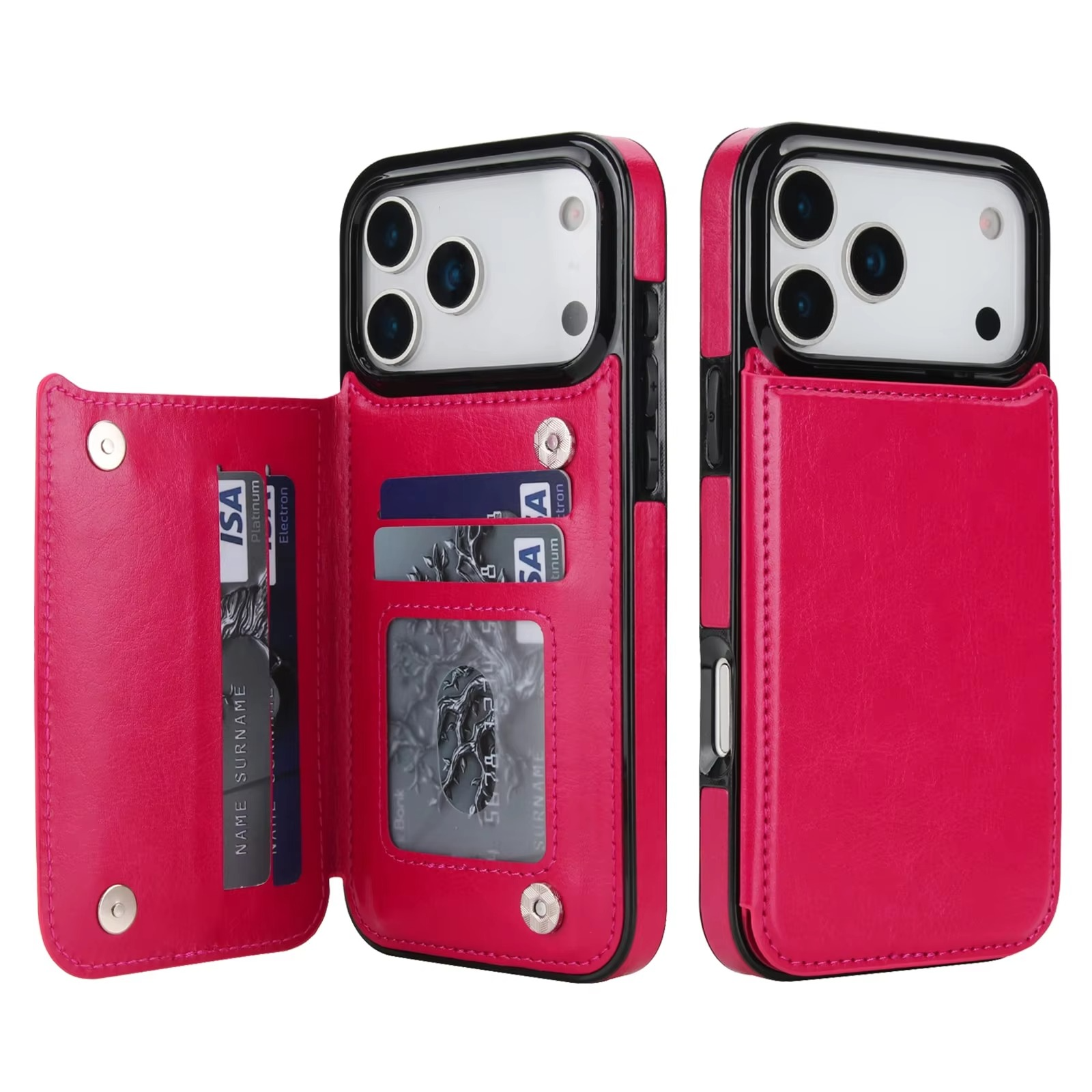 Luxury iPhone Case — Wallet Cover with Card Holder, Faux Leather Kickstand, Double Magnetic Clasp, Durable Shockproof Soft Case, Plain Design