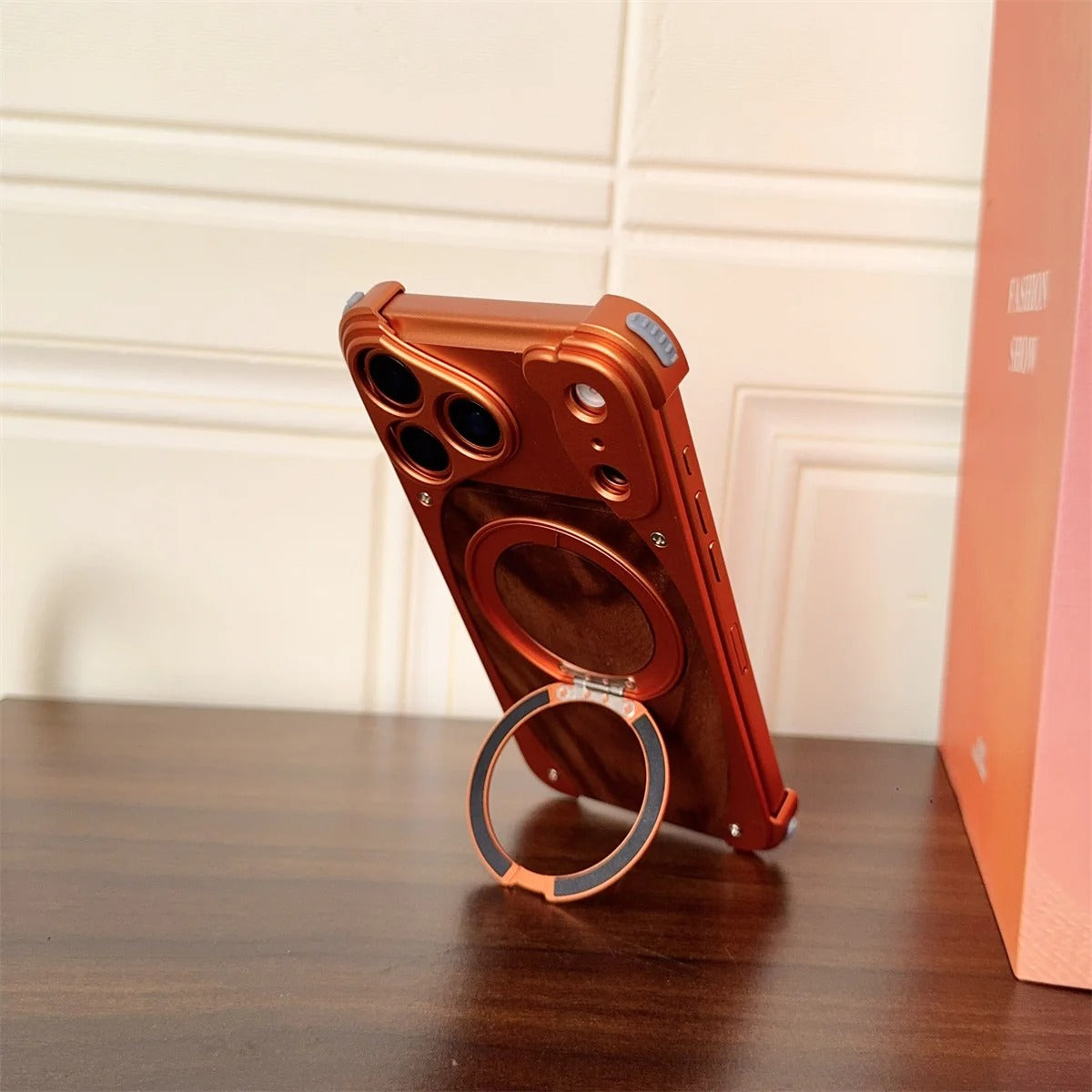 Luxury iPhone Case — Walnut Wood and Aluminum Magnetic Cover with Shockproof Drop-Proof Protection and Built-In Bracket