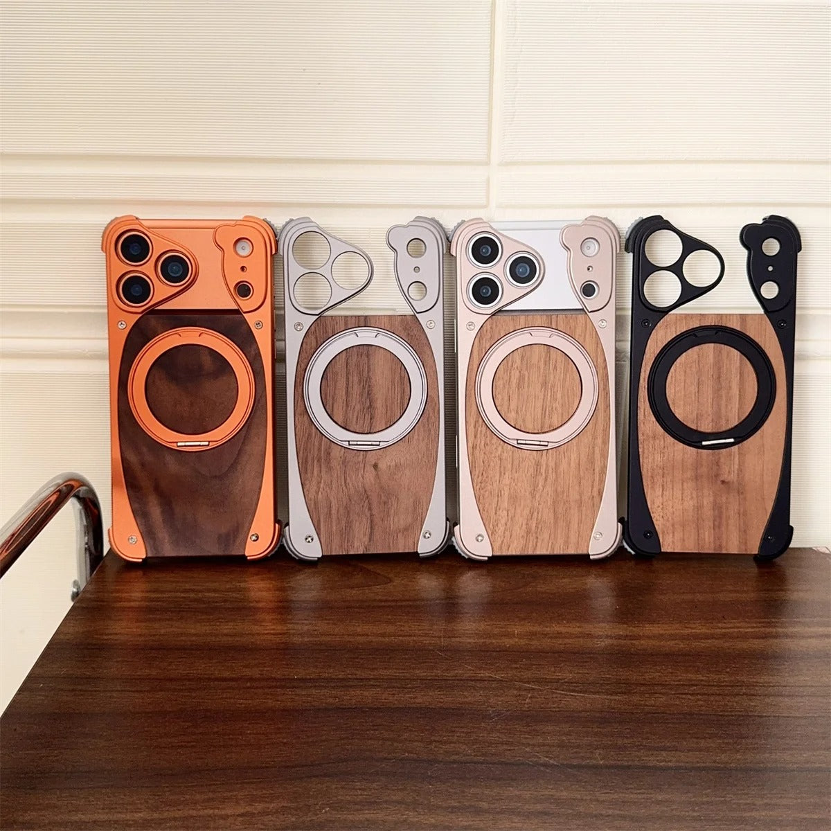 Luxury iPhone Case — Walnut Wood and Aluminum Magnetic Cover with Shockproof Drop-Proof Protection and Built-In Bracket