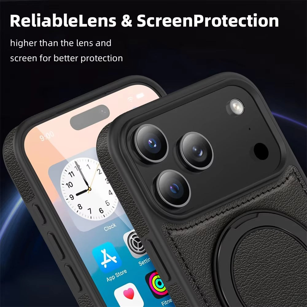 Luxury iPhone Case — Wax PU Leather Magnetic Cover with 360° Rotating Ring Stand, Wireless-Charging Safe Design and Business Shockproof Protection