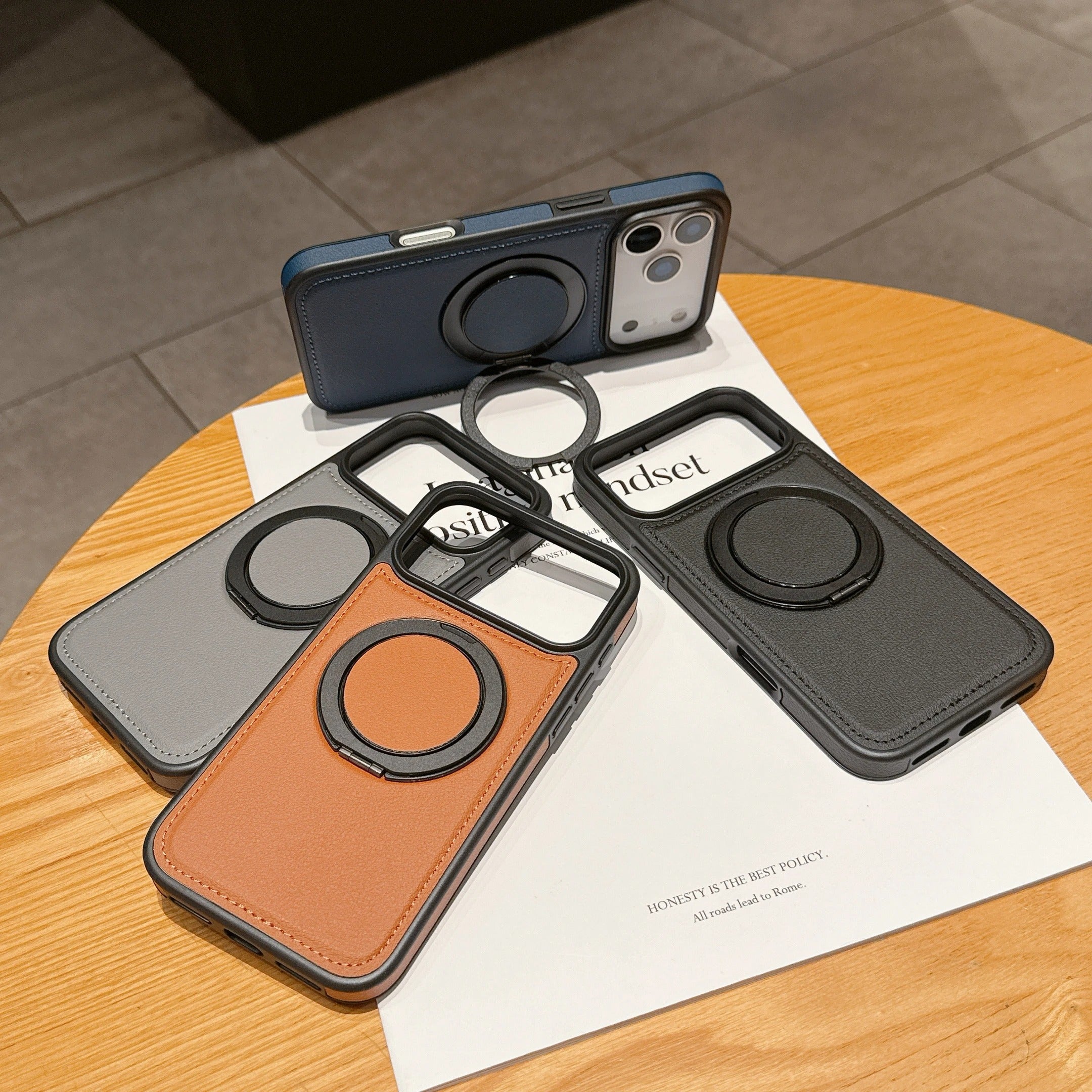 Luxury iPhone Case — Wax PU Leather Magnetic Cover with 360° Rotating Ring Stand, Wireless-Charging Safe Design and Business Shockproof Protection