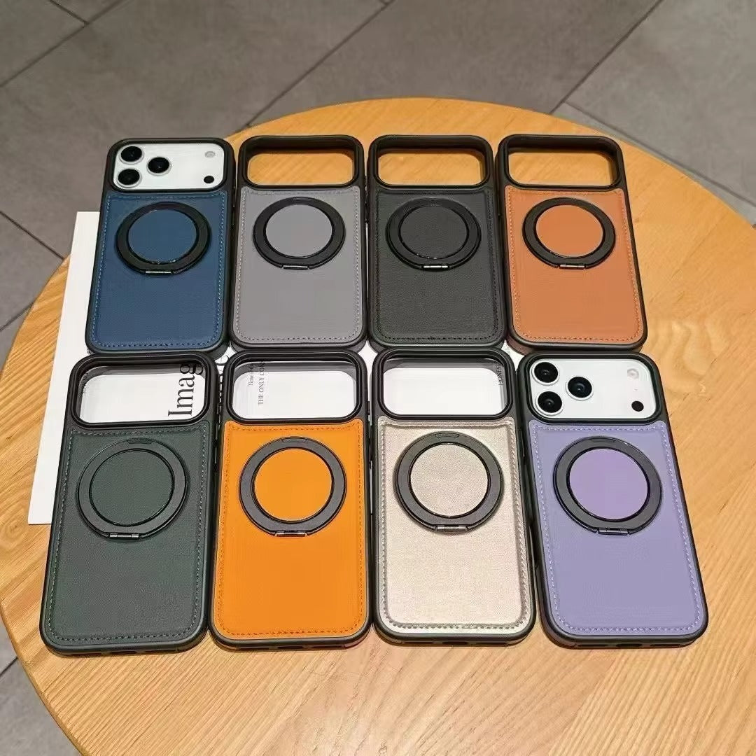 Luxury iPhone Case — Wax PU Leather Magnetic Cover with 360° Rotating Ring Stand, Wireless-Charging Safe Design and Business Shockproof Protection