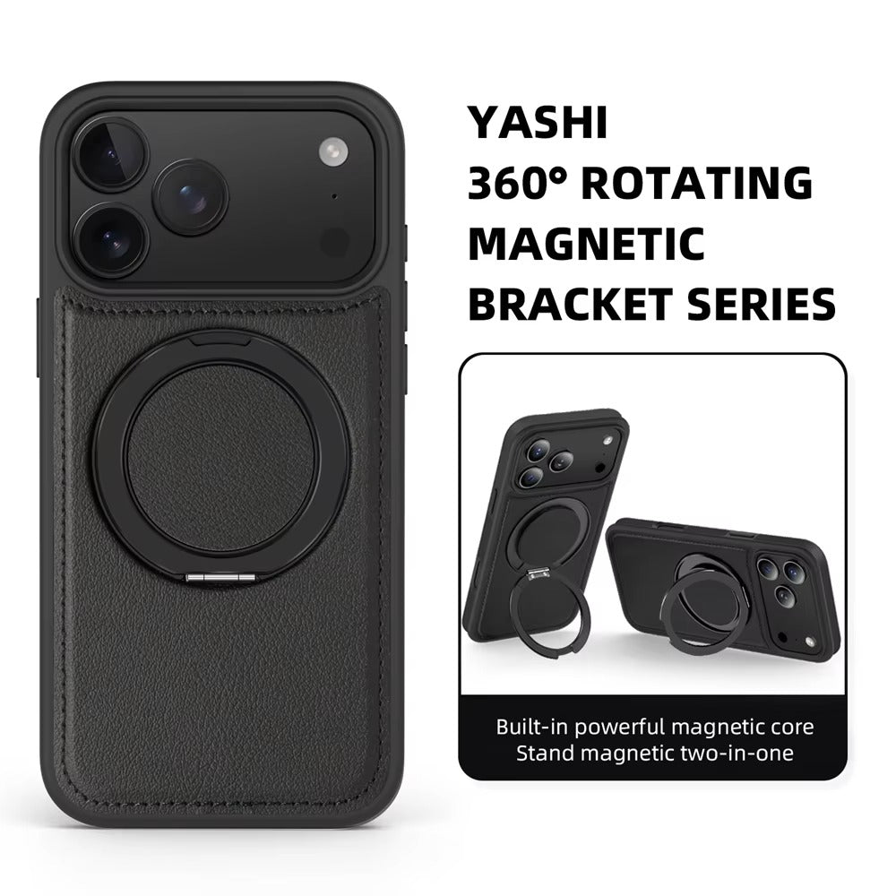 Luxury iPhone Case — Wax PU Leather Magnetic Cover with 360° Rotating Ring Stand, Wireless-Charging Safe Design and Business Shockproof Protection