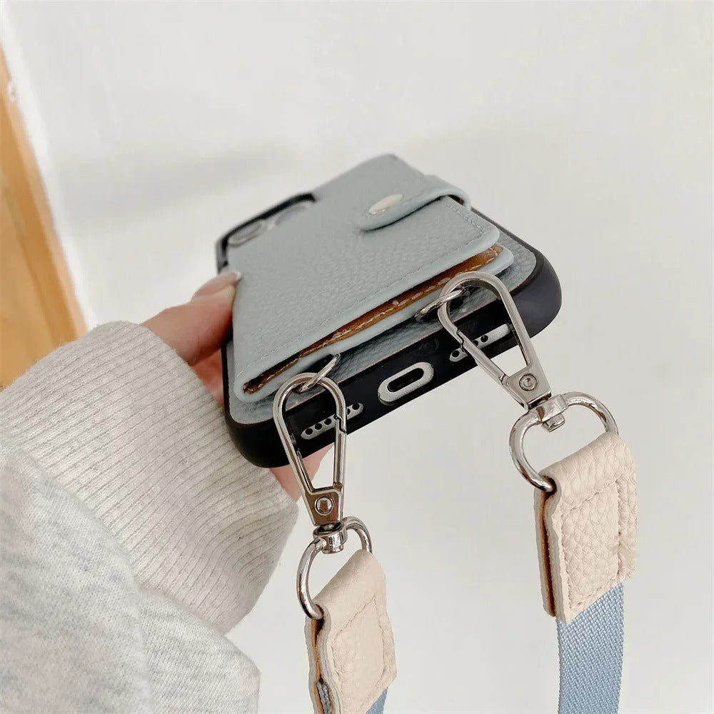 Luxury iPhone Crossbody Wallet Case with Card Slots — PU Leather Cover, Zipper Coin Purse, Long Lanyard Strap, Shockproof Drop Protection, Full Access Design