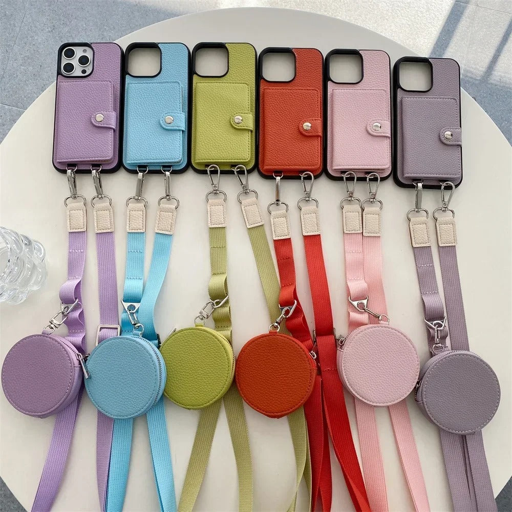 Luxury iPhone Crossbody Wallet Case with Card Slots — PU Leather Cover, Zipper Coin Purse, Long Lanyard Strap, Shockproof Drop Protection, Full Access Design