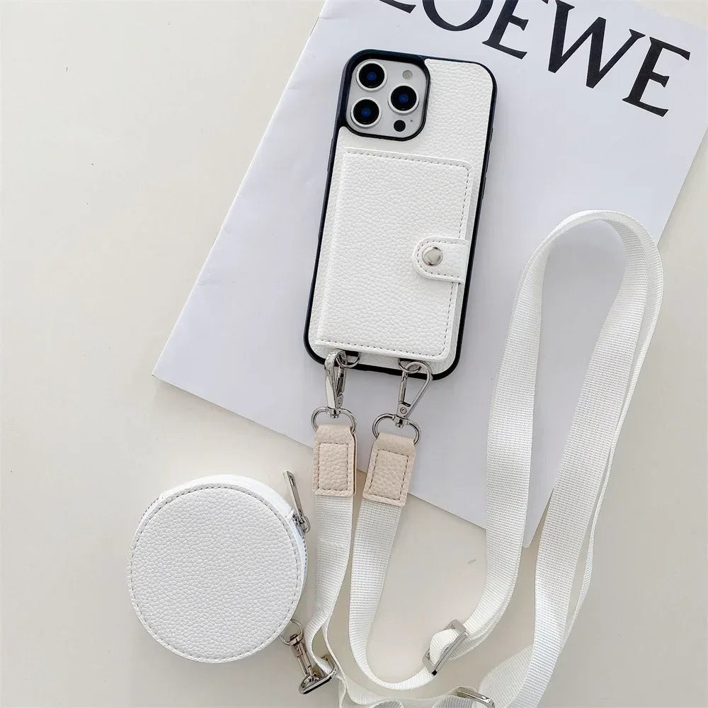 Luxury iPhone Crossbody Wallet Case with Card Slots — PU Leather Cover, Zipper Coin Purse, Long Lanyard Strap, Shockproof Drop Protection, Full Access Design