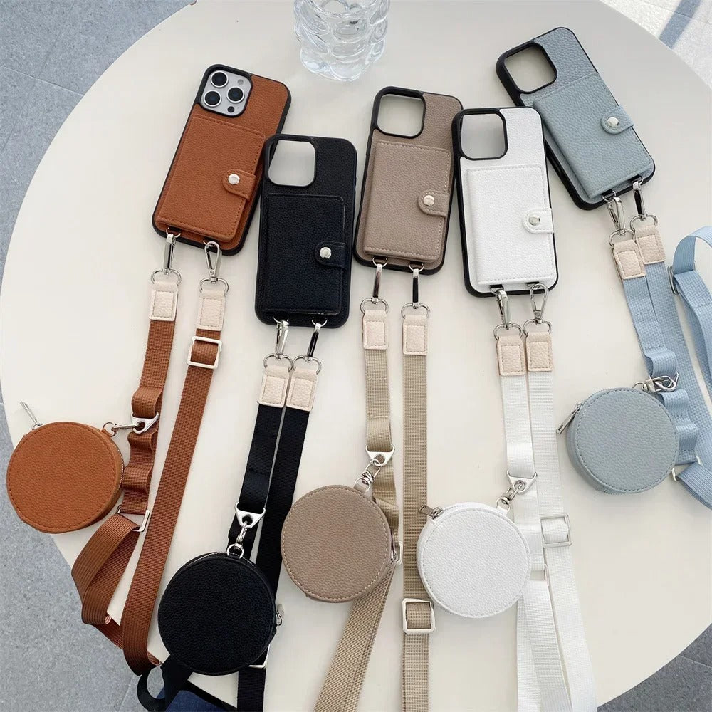 Luxury iPhone Crossbody Wallet Case with Card Slots — PU Leather Cover, Zipper Coin Purse, Long Lanyard Strap, Shockproof Drop Protection, Full Access Design
