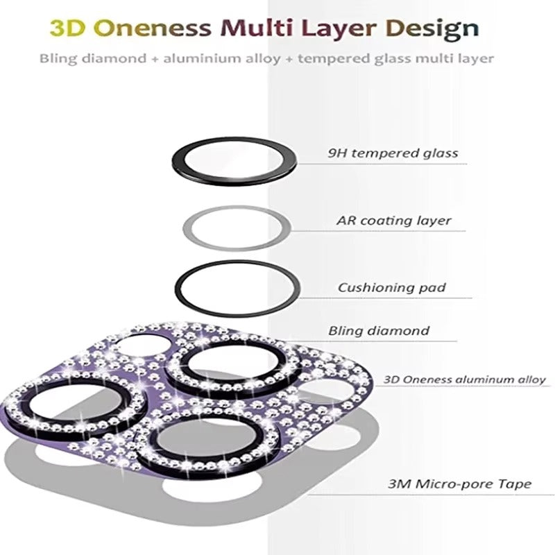 Luxury iPhone Diamond Camera Lens Protector, Metal Glass Lens Cover with Full Coverage, Scratch Resistance & Decorative Protection