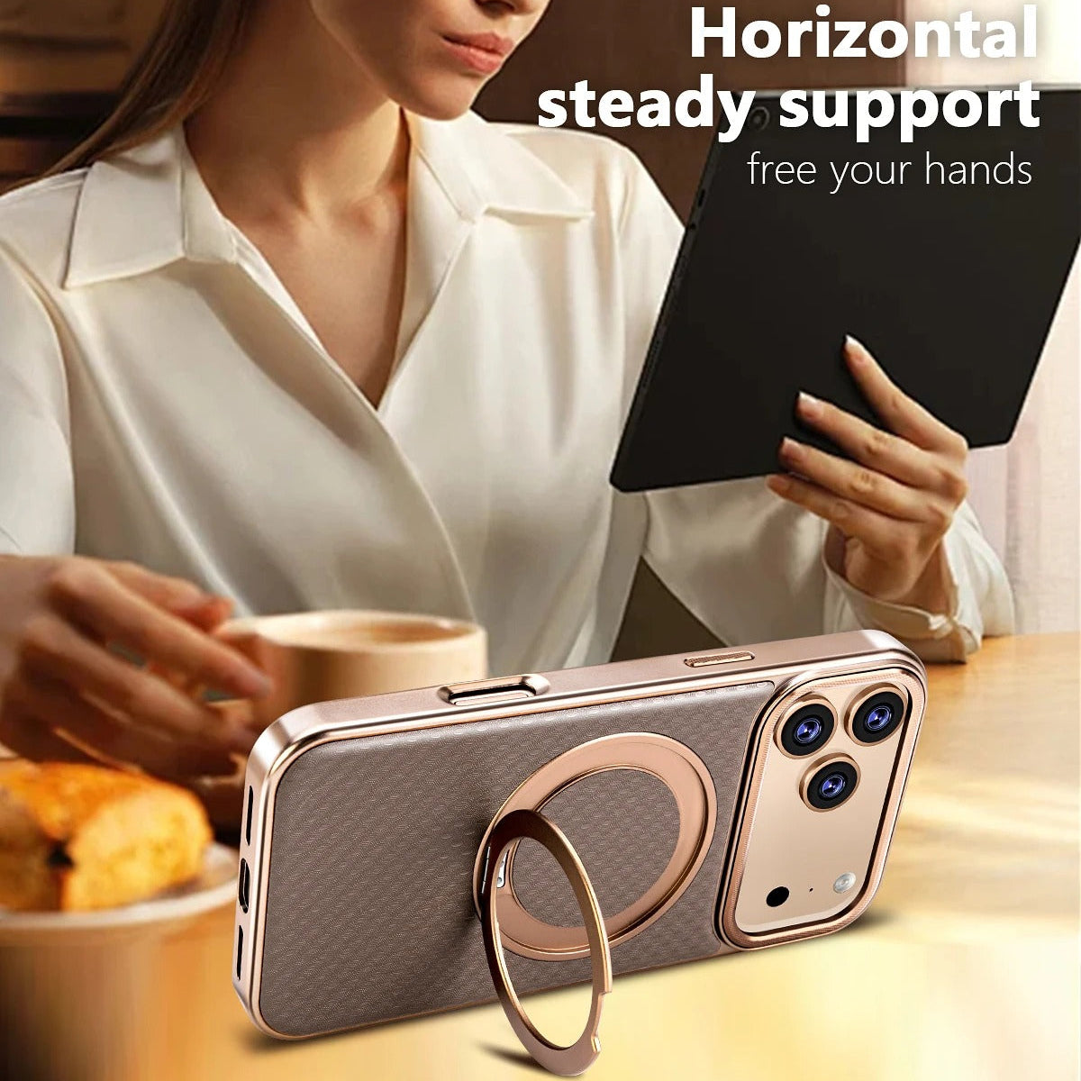 Luxury iPhone Case — Diamond Pattern Leather MagSafe Cover with Rotating Bracket Holder, Full-Coverage Shockproof Protection and Anti-Fingerprint Finish