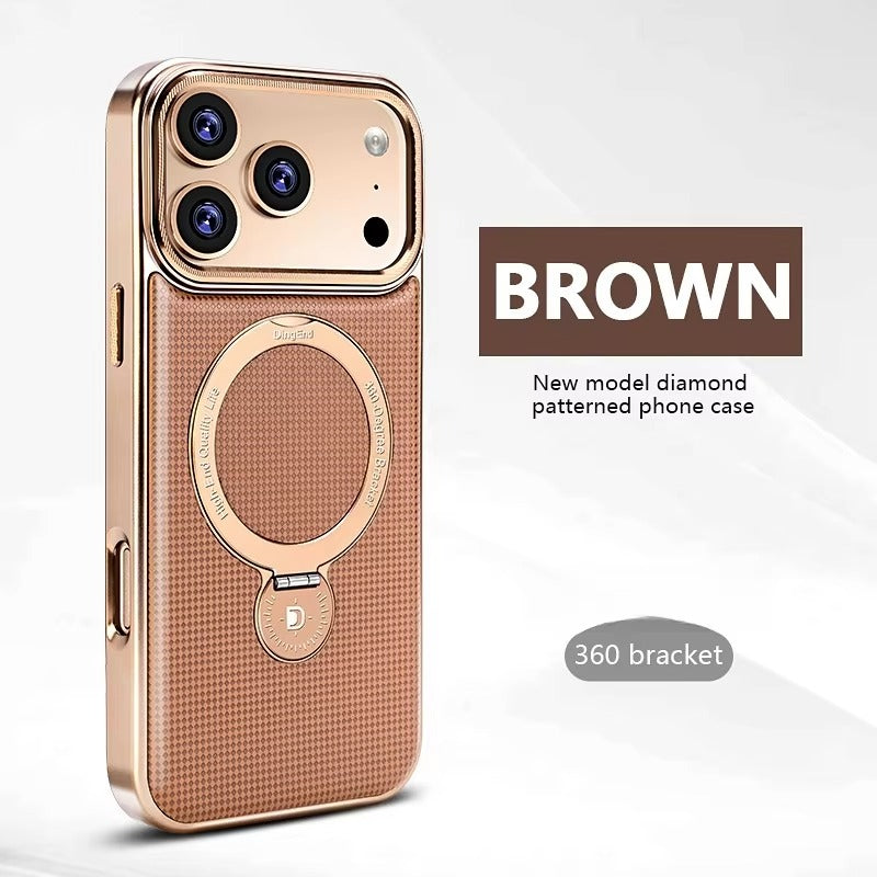 Luxury iPhone Case — Diamond Pattern Leather MagSafe Cover with Rotating Bracket Holder, Full-Coverage Shockproof Protection and Anti-Fingerprint Finish