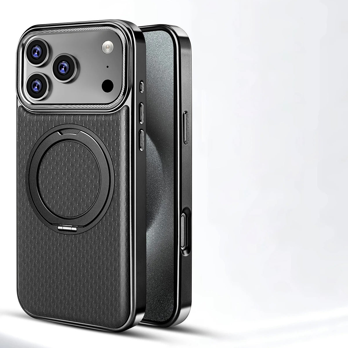 Luxury iPhone Case — Diamond Pattern Leather MagSafe Cover with Rotating Bracket Holder, Full-Coverage Shockproof Protection and Anti-Fingerprint Finish